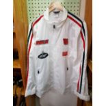 WHITE POLYESTER RACE CAR PROMOTION JACKET WITH DALE JUNIOR 88, A COMMEMORATIVE F1 RACING MUG,