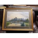 GILT FRAMED PICTURE OF A CASTLE AND CATHEDRAL ETC