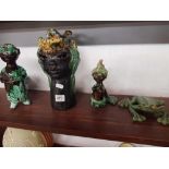 SHELF OF 3 CERAMIC HEADS, MEDUSA, FROG, ETC