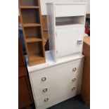 WHITE MODERN CHEST OF 3 DRAWERS, 1 BEDSIDE CABINET & A TALL NARROW CD RACK