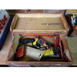 2 WOODEN BOXES OF MISCELLANEOUS HAND TOOLS, INCLUDING DRAWERS, CORNER CLAMPS, FILES, CHISELS