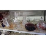 2 SHELVES OF MIXED GLASSWARE, SOME COLOURED, DISHES, ROSE BOWLS, VASES, JUGS, FRUIT BOWLS AND BRANDY
