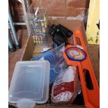 CARTON CONTAINING PAIR OF 7 X 50 CCE, A PITCH FINDER AND VARIOUS TOOLS, INCLUDING A KNIFE AND FORK