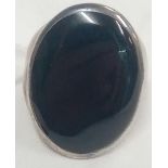 LARGE ONYX BLACK STONE RING, SIZE N, POSSIBLY SILVER