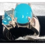 SILVER BOXED RING TURQUOISE AND GLASS