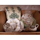 BOX OF CHINA, TILES, ETC