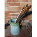 TWO VINTAGE PANEL SAWS IN A GALVANISED BUCKET CAN