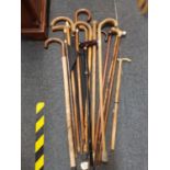 QTY OF WALKING STICKS, ONE WITH DOGS HEAD HANDLE & 1 OTHER WITH SILVER BAND & FINIAL