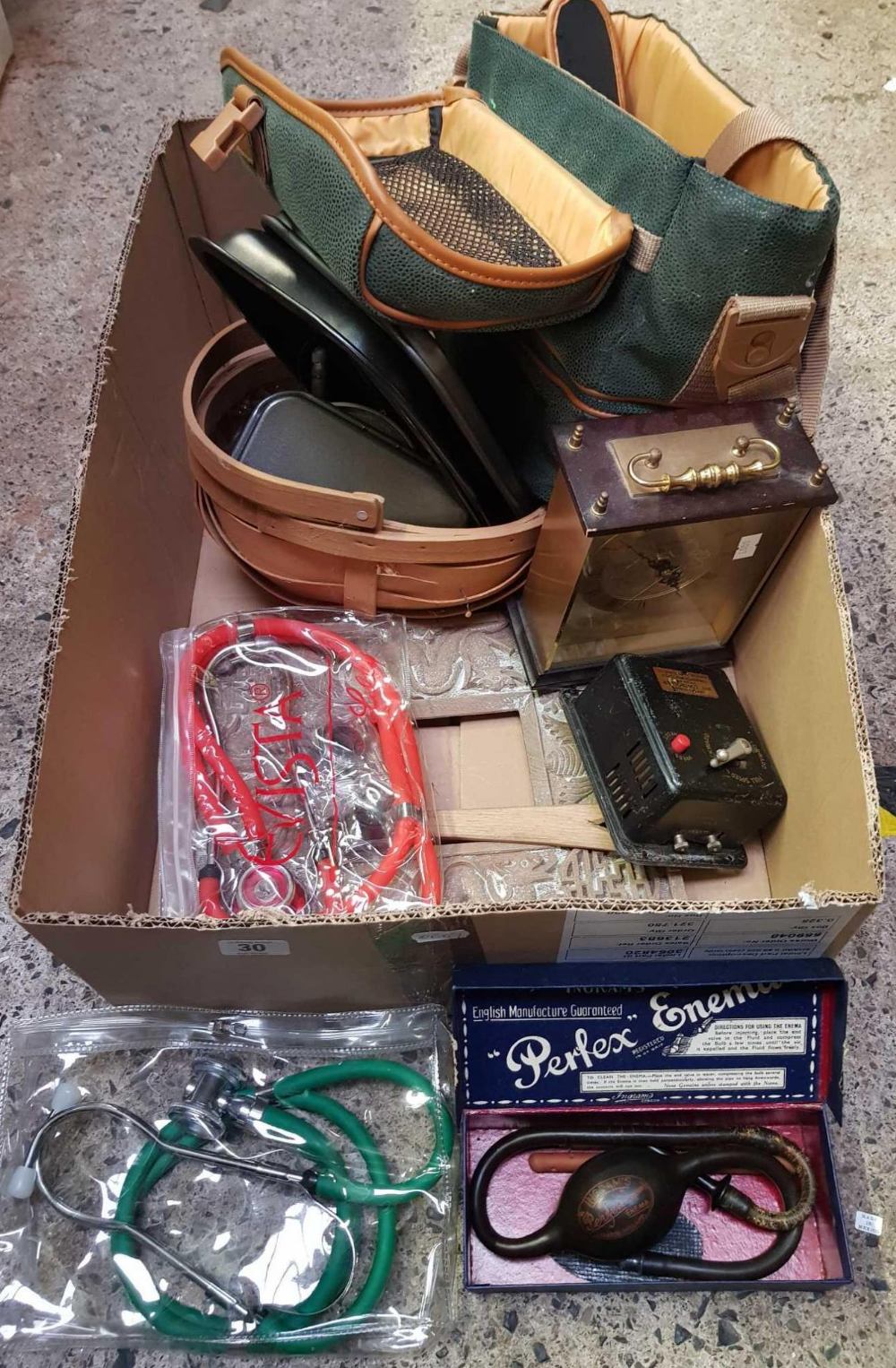 TWO CARTONS OF MIXED CHINA WARE INCLUDING VASES, SMALL CLK, TWO STETHOSCOPES, A SME REEL, CCE BAG, A - Image 2 of 2