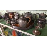 SHELF OF PEWTER AND PLATEDWARE, ETC