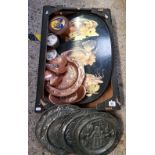 CARTON WITH LARGE PAINTED TRAY, HAMMERED COPPER CANDLE HOLDERS AND PEWTER EMBOSSED PLATES