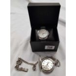 1 WHITE METAL ORLANDO GENTS WRIST WAT IN BOX AND MODERN QUARTZ EMBOSSED POCKET WAT WITH CHAIN