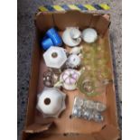 CARTON OF MISCELLANEOUS GLASS AND CHINA INCLUDING CRUET SET AND TWO VINTAGE LAMP SHADES