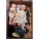 TWO CARTONS CONTAINING DOLLS, SOFT MOD A WOODEN RECORDER, CARTON OF KITCHEN CUTLERY AND A MIXING