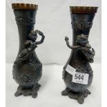 2 PEWTER ART NOUVEAU STYLE SPILL VASES GRASSED WITH CHERUBS