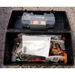 BLACK PLASTIC TOOL BOX CONTAINING MISCELLANEOUS TOOLS, A BLACK AND DECKER NOSE BUFFER AND A BAHCO 34