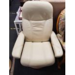 CREAM LEATHER EFFECT EKORNES RECLINING CHAIR AND FOOT STOOL