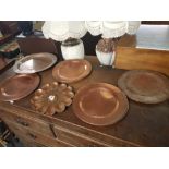 8 CIRCULAR COPPER PLATES, COPPER SPOONS, ETC