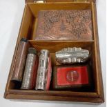 SMALL TRINKET BOX CONTAINING WHITE METAL AND COPPER VESTA CASES AND A MINIATURE HOLY BIBLE IN A