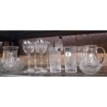 SHELF OF MIXED GLASS WARE INCLUDING ROYAL DOULTON WINE GLASSES, WATER JUGS AND VASES