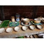 SHELF OF STUDIO STYLE POTTERY AND COMMEMORATIVE SOUVENIR PLATES