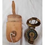 BRASS MARCHING COMPASS MARKED STANLEY LONDON IN LEATHER POUCH