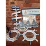 QUANTITY OF NAUTICAL THEME ITEMS INCLUDING A SIGN, LIFE GUARD ON DUTY AND A DISPLAY TRAY OF SEA