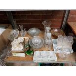 SHELF OF MIXED GLASSWARE, BOWLS, DECANTERS AND DRINKING GLASSES