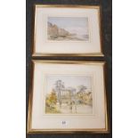TWO WATER WATERCOLOURS 19TH CENTURY BEACH SCENE AND A RIVER TOOLS