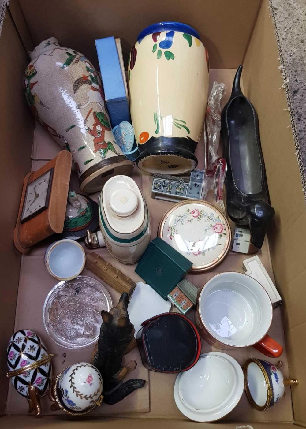 TWO CARTONS OF MIXED CHINA WARE INCLUDING VASES, SMALL CLK, TWO STETHOSCOPES, A SME REEL, CCE BAG, A