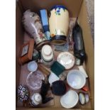 TWO CARTONS OF MIXED CHINA WARE INCLUDING VASES, SMALL CLK, TWO STETHOSCOPES, A SME REEL, CCE BAG, A