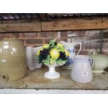 SHELF CONTAINING STONE WARE BARREL, SOUP TUREEN, JUGS AND ENVELOP VASE AND A FRUIT DISPLAY ON