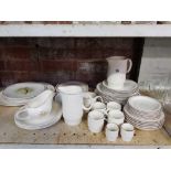 SHELF OF CHURCHILL TABLEWARE AND WEDGWOOD PLATES WITH FISH TRANSFERS