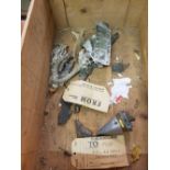 A WOODEN WINE BOX CONTAINING MISCELLANEOUS PIECES OF WWII SHRAPNEL AND OTHER METAL PIECES