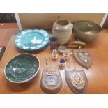 THREE CERAMIC ITEMS, A BRASS BOWL, PLAQUES, COPPER GOBLET, ETC