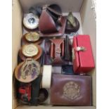 TWO CARTONS OF MIXED BRIC-A-BRAC INCLUDING A LEATHER MOUNTED WEATHER STATION, LEATHER PLACE MATS,