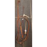 RIDING CROP, COPPER BRASS HORN, WOODEN TWIST SWITCH & 1 OTHER