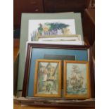 BOX WITH EMBROIDERED PICTURES IN FRAMES AND OTHER PICTURES