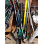 QUANTITY OF TOOLS INCLUDING BRANCH LOPPERS, PART PIECE OF BLACK AND DECKER CHAINSAW, BRUSHES, AND