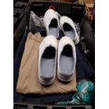 BLACK LIDDED PLASTIC CONTAINER CONTAINING 2 PAIRS OF GENTS BEACH SHOE SIZE 11 AND A QUANTITY OF
