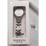 BOXED MADISON OF NEW YORK STAINLESS STEEL GENTS CALENDAR WRIST WAT