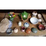 SHELF CONTAINING RELIGIOUS PLASTER PLAQUE, ROPE HANDLED JAR, WOODEN PAINTED TULIPS AND OTHER