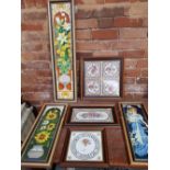 SIX MODERN WOOD FRAMED TILES AND TRAYS WITH HANDLES, SUITABLE FOR WALL HANGING