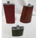 3 VARIOUS SIZED LEATHER COVERED HIP FLASKS