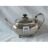 A Georgian-style oblong teapot, half fluted on ball feet - Sheffield 1894 by JD&S - 540gms