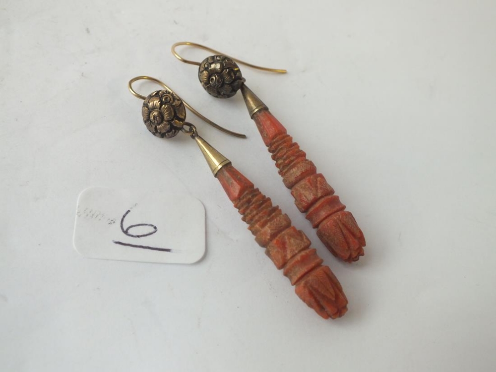 A pair of antique carved coral drop earrings - Image 2 of 2