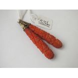 A PAIR OF CARVED CORAL EAR PENDANTS (NO CLIPS)