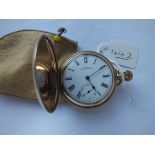 A rolled gold gents hunter pocket watch Waltham with seconds dial w/o in leather pouch