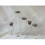 Five various mounted jars with glass bodies 1903 etc.