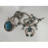 White metal & turquoise Anvaho style necklace & matching pendant